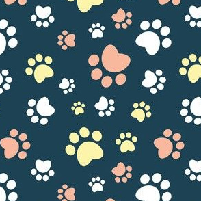 Small scale // Paw prints // navy blue background white yellow and flesh coral animal foot prints