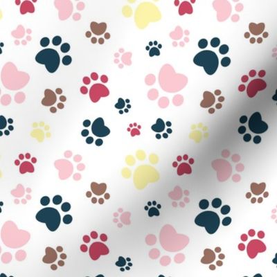 Small scale // Paw prints // white background pastel pink yellow red brown and navy blue animal foot prints