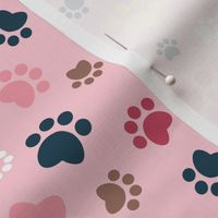 Small scale // Paw prints // pastel pink background white pink yellow red brown and navy blue animal foot prints