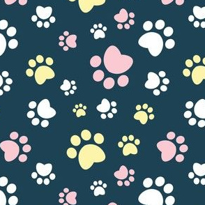 Small scale // Paw prints // navy blue background white yellow and pastel pink animal foot prints