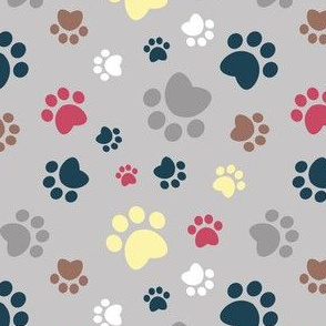 Small scale // Paw prints // grey taupe background white grey yellow red brown and navy blue animal foot prints