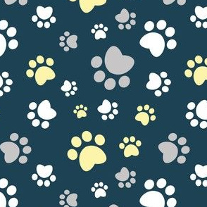 Small scale // Paw prints // navy blue background white yellow and grey taupe animal foot prints