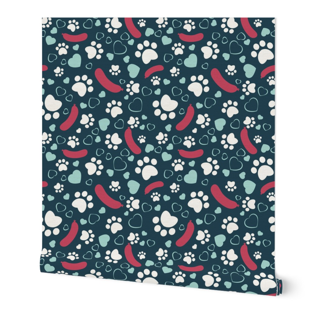 Small scale // Hot dogs love // navy blue background red sausages white animal paw prints aqua hearts