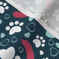 Small scale // Hot dogs love // navy blue background red sausages white animal paw prints aqua hearts