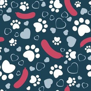 Small scale // Hot dogs love // navy blue background red sausages white animal paw prints pastel blue hearts