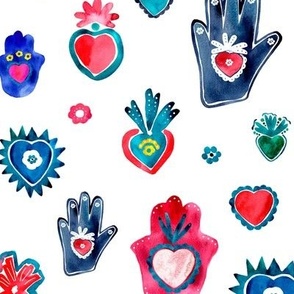 Colorful Mexican Hearts and Hamsa Hand Pattern