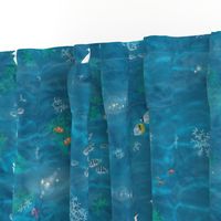 Lagoon Tropical Fabric | Ocean fabric, turquoise sea fabric, summer print, snorkeling fabric, scuba diving, red sea, tropical fish: clown fish, angel fish, butterfly fish, sergeant fish for swimwear, beach fabric. 