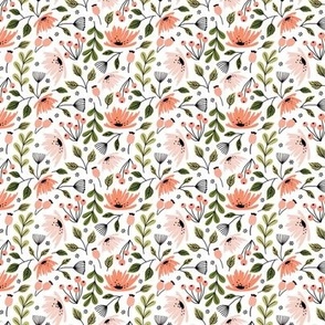 Ditsy modern floral- pink and green - micro