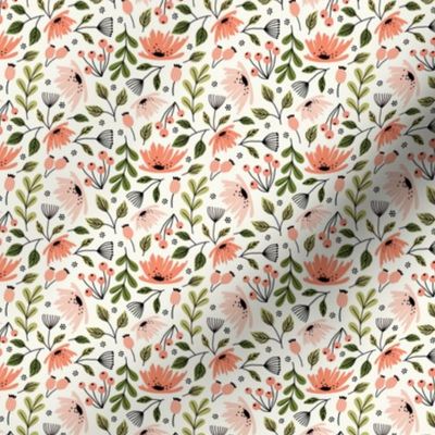 Ditsy modern floral- pink and green on cream - micro