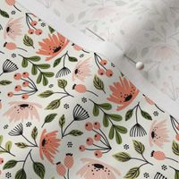 Ditsy modern floral- pink and green on cream - micro