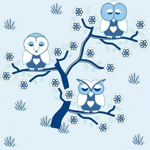 Sleepy Owls in blue & white