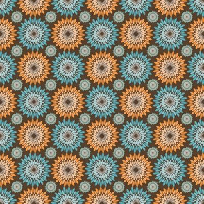 Blossoming daisies in teal and ochre on a terracotta field, vibrant and retro.