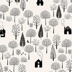 Cabins, forest, trees, animals, snow, moutains, winter, cozy, black, white