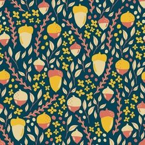 Acorn, flowers, forest, nature, yellow, navy, coral, cute, leaves