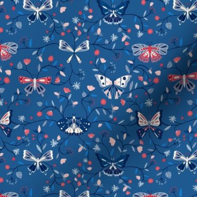 Butterflies, blue, red, flowers, vines, leaves, inscets, nature