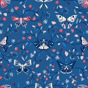 Butterflies, blue, red, flowers, vines, leaves, inscets, nature