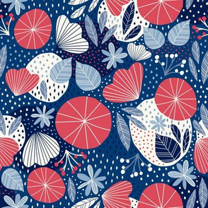 Abstract, blue, red, dots, petals, leaves, bold, nature