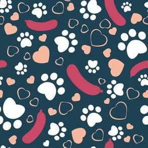 Small scale // Hot dogs love // navy blue background red sausages white animal paw prints flesh coral hearts