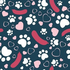 Small scale // Hot dogs love // navy blue background red sausages white animal paw prints pastel pink hearts