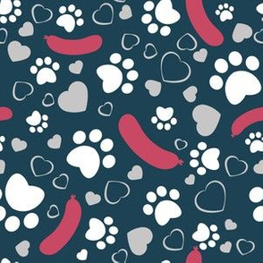 Small scale // Hot dogs love // navy blue background red sausages white animal paw prints grey taupe hearts