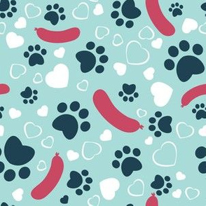 Small scale // Hot dogs love // aqua background red sausages navy blue animal paw prints white hearts