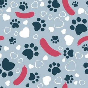 Small scale // Hot dogs love // pastel blue background red sausages navy blue animal paw prints white hearts