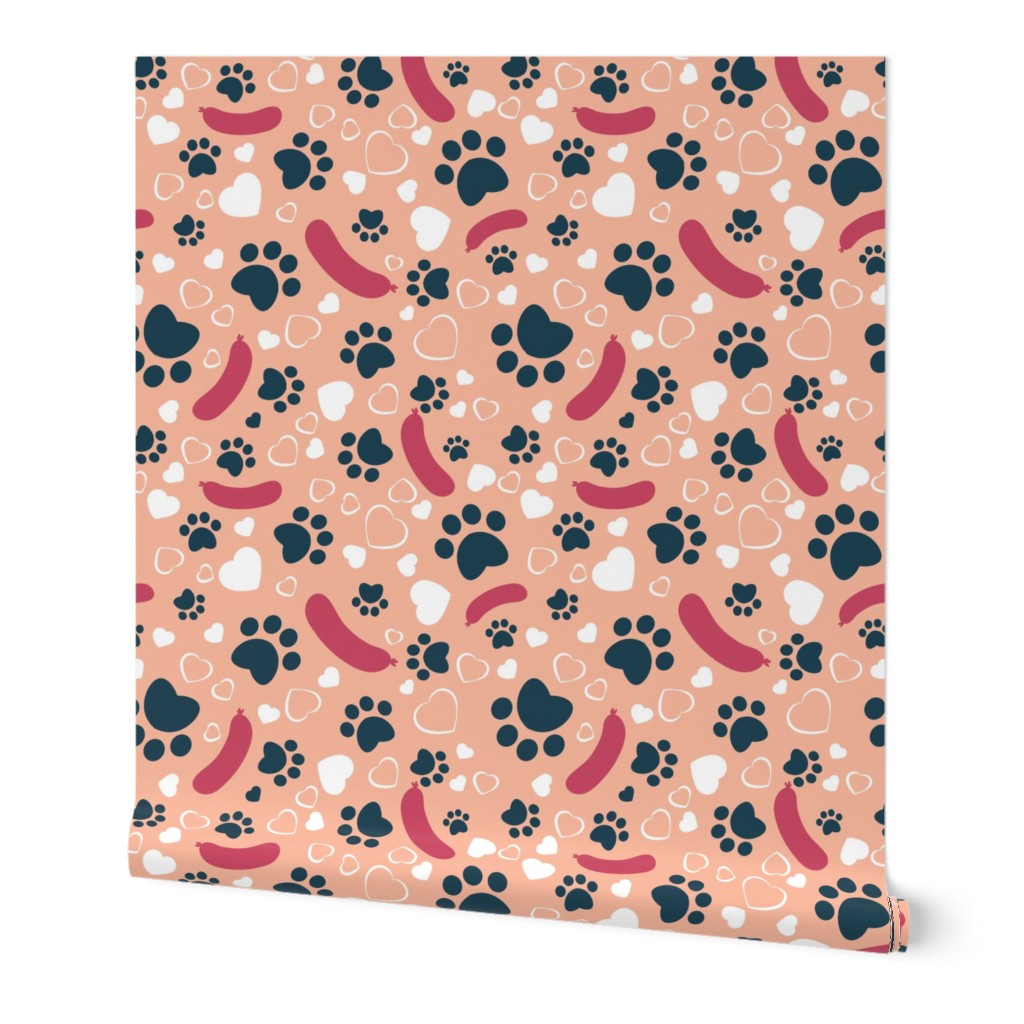 Small scale // Hot dogs love // flesh coral background red sausages navy blue animal paw prints white hearts