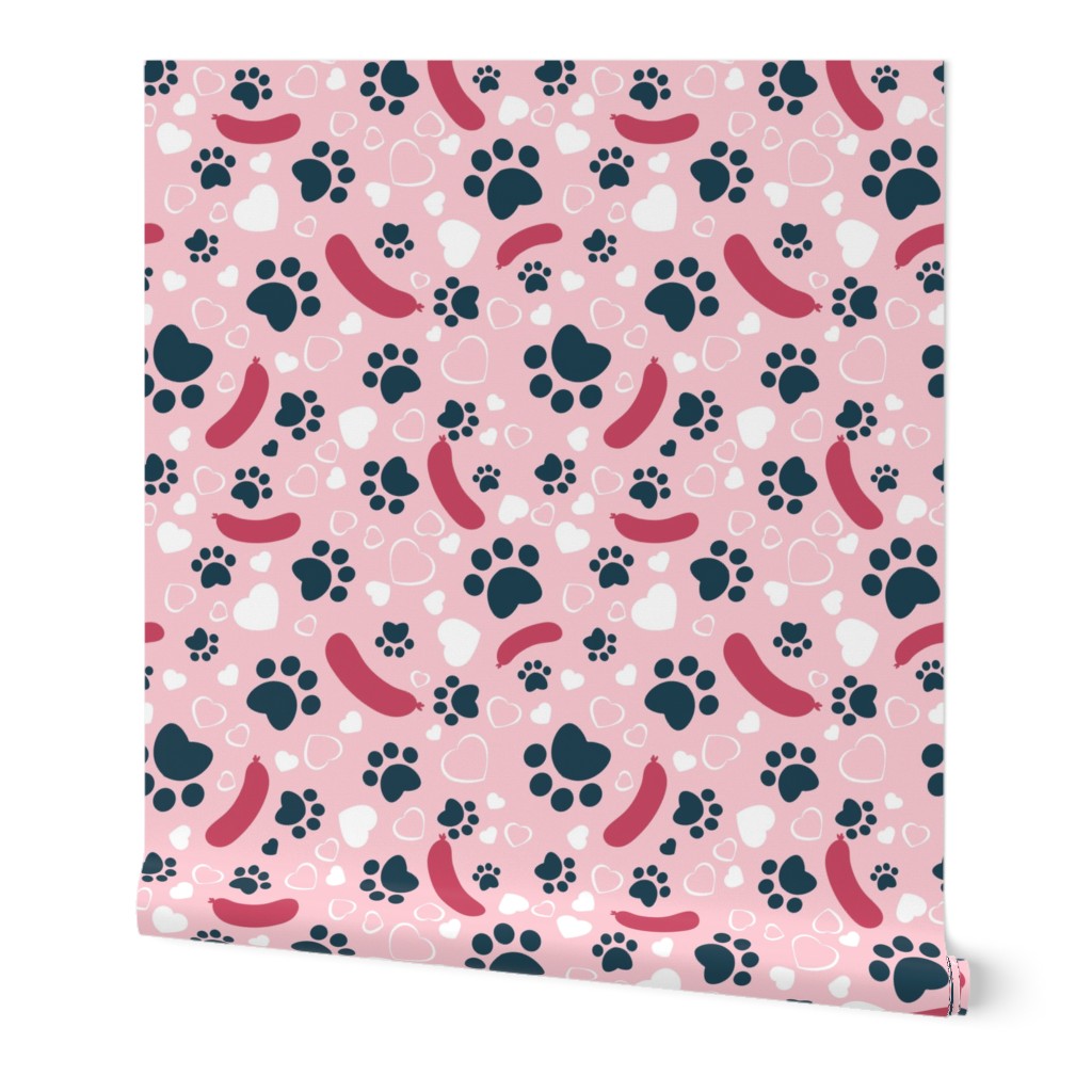 Small scale // Hot dogs love // pastel pink background red sausages navy blue animal paw prints white hearts