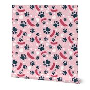 Small scale // Hot dogs love // pastel pink background red sausages navy blue animal paw prints white hearts