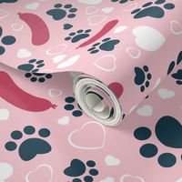 Small scale // Hot dogs love // pastel pink background red sausages navy blue animal paw prints white hearts