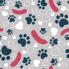 Small scale // Hot dogs love // grey taupe background red sausages navy blue animal paw prints white hearts