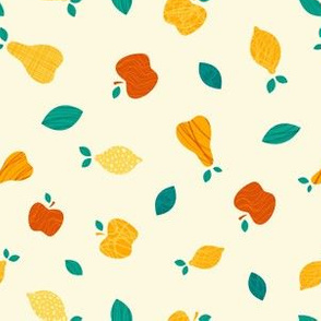 Fruits, apples, pears, lemons, leaves, nature, food, colorful, summer