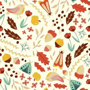Forest, leaves, moths, acorns, nature, bird, colorful, soft, autumn