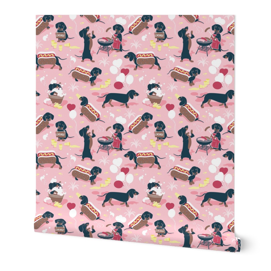 Tiny scale // Hot dogs and lemonade // pastel pink background Dachshund sausage dogs