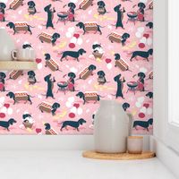 Tiny scale // Hot dogs and lemonade // pastel pink background Dachshund sausage dogs