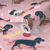 Tiny scale // Hot dogs and lemonade // pastel pink background Dachshund sausage dogs