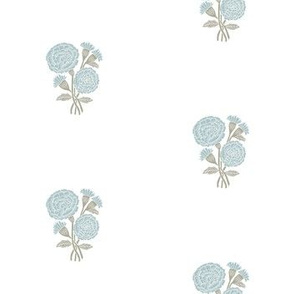 marigold fabric - indian block print inspired, block print flower, flower fabric, block print fabric, woodcut - light blue