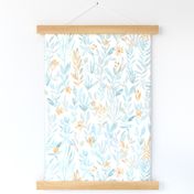 Summer sunset / Watercolor leaves in teal blue gray gold on white background