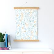 Summer sunset / Watercolor leaves in teal blue gray gold on white background