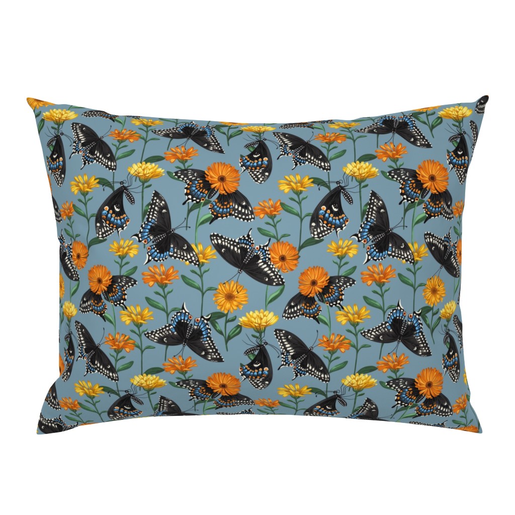 Black Swallowtail & Marigolds Steel Blue