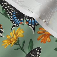Black Swallowtail Butterfly & Marigolds Dark