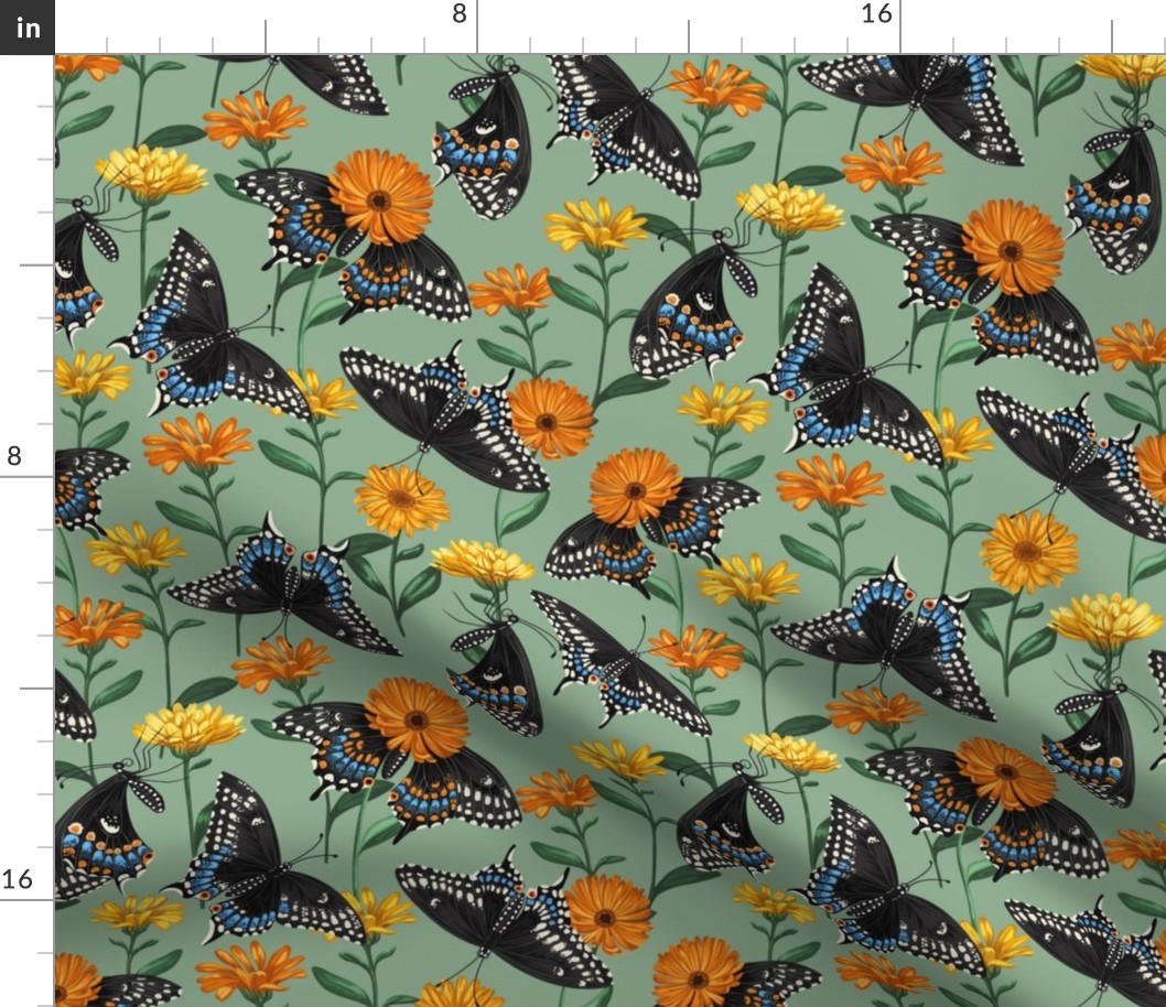 Black Swallowtail Butterfly & Marigolds Dark