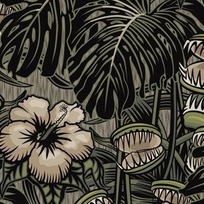 ★ TROPICAL NIGHT ★ Carnivorous Plant, Hibiscus & Monstera / Camo Colors, Large Scale / Collection : It’s a Jungle Out There – Savage Hawaiian Prints