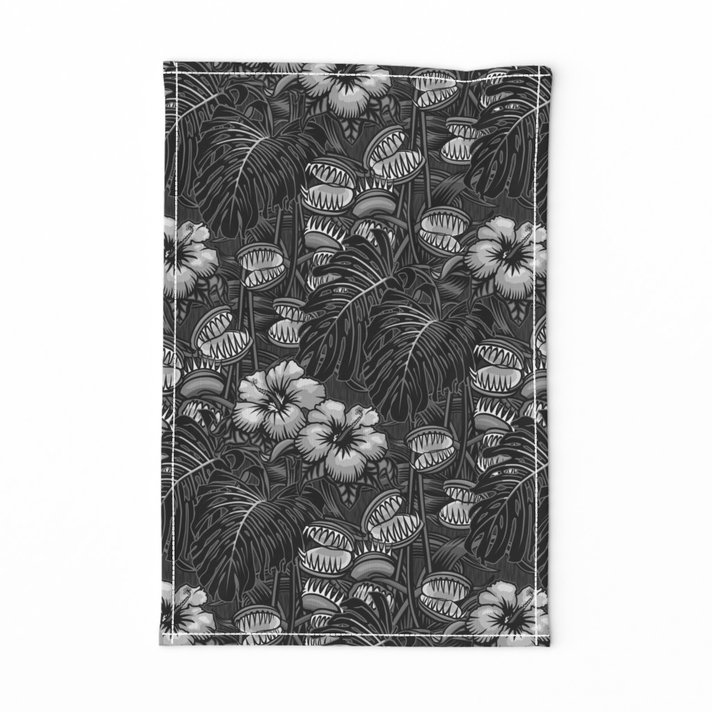 ★ TROPICAL NIGHT ★ Carnivorous Plant, Hibiscus & Monstera / Black and White, Large Scale / Collection : It’s a Jungle Out There – Savage Hawaiian Prints