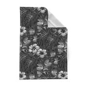 ★ TROPICAL NIGHT ★ Carnivorous Plant, Hibiscus & Monstera / Black and White, Large Scale / Collection : It’s a Jungle Out There – Savage Hawaiian Prints