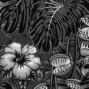 ★ TROPICAL NIGHT ★ Carnivorous Plant, Hibiscus & Monstera / Black and White, Large Scale / Collection : It’s a Jungle Out There – Savage Hawaiian Prints