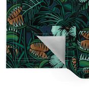 ★ TROPICAL NIGHT ★ Carnivorous Plant, Hibiscus & Monstera / Mint + Green + Gold, Large Scale / Collection : It’s a Jungle Out There – Savage Hawaiian Prints