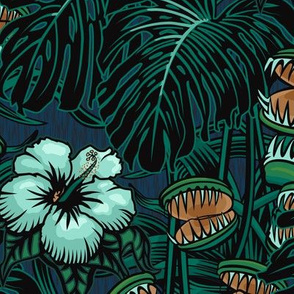 ★ TROPICAL NIGHT ★ Carnivorous Plant, Hibiscus & Monstera / Mint + Green + Gold, Large Scale / Collection : It’s a Jungle Out There – Savage Hawaiian Prints