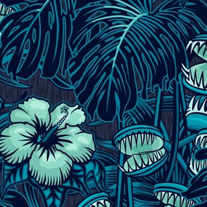 ★ TROPICAL NIGHT ★ Carnivorous Plant, Hibiscus & Monstera / Mint + Blue, Large Scale / Collection : It’s a Jungle Out There – Savage Hawaiian Prints