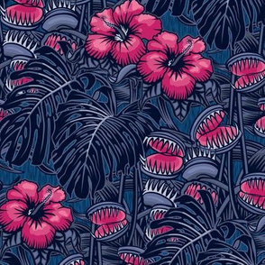 ★ TROPICAL NIGHT ★ Carnivorous Plant, Hibiscus & Monstera / Pink + Denim Blue, Small Scale / Collection : It’s a Jungle Out There – Savage Hawaiian Prints